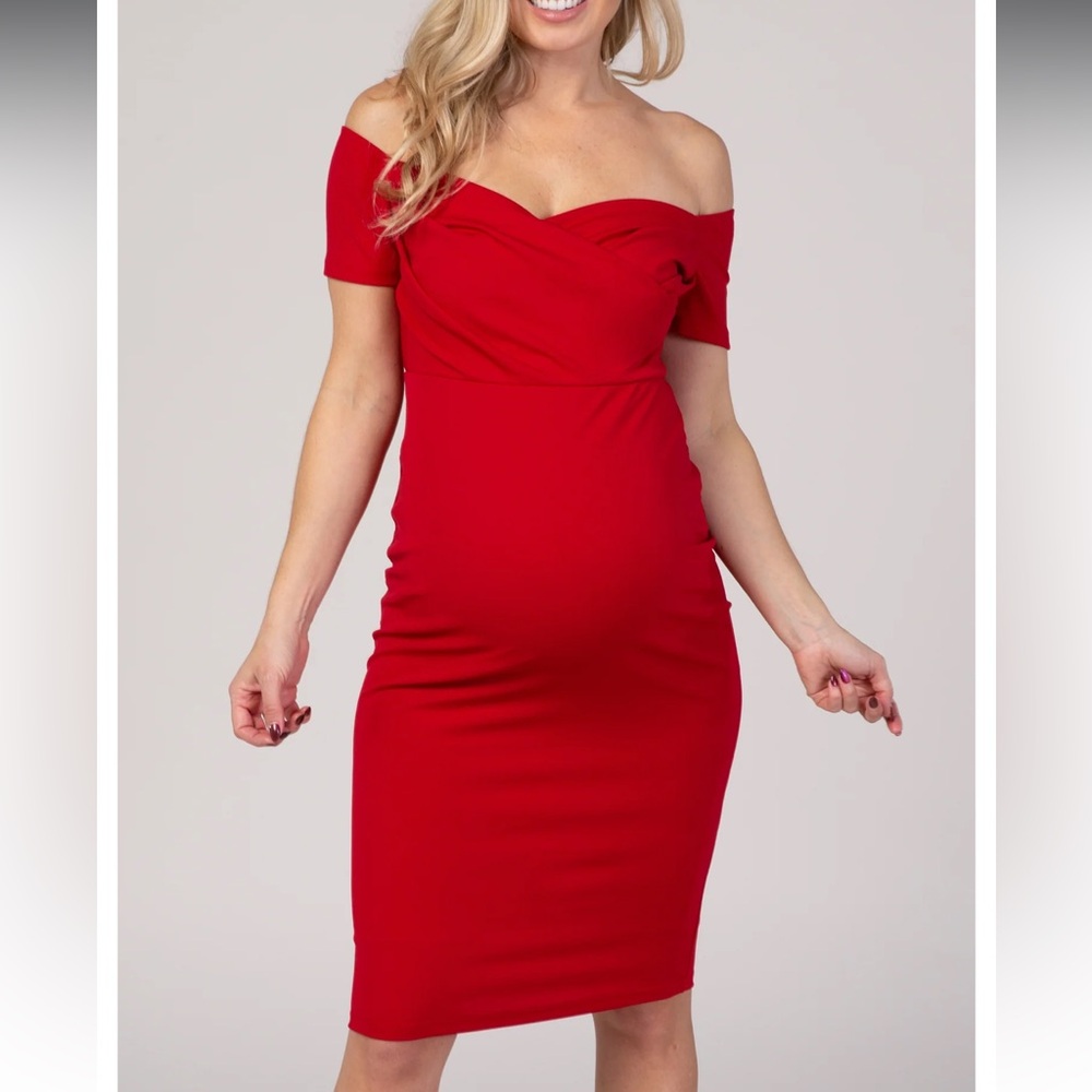 PinkBlush Red Solid Off Shoulder Maternity Fitted Dress
